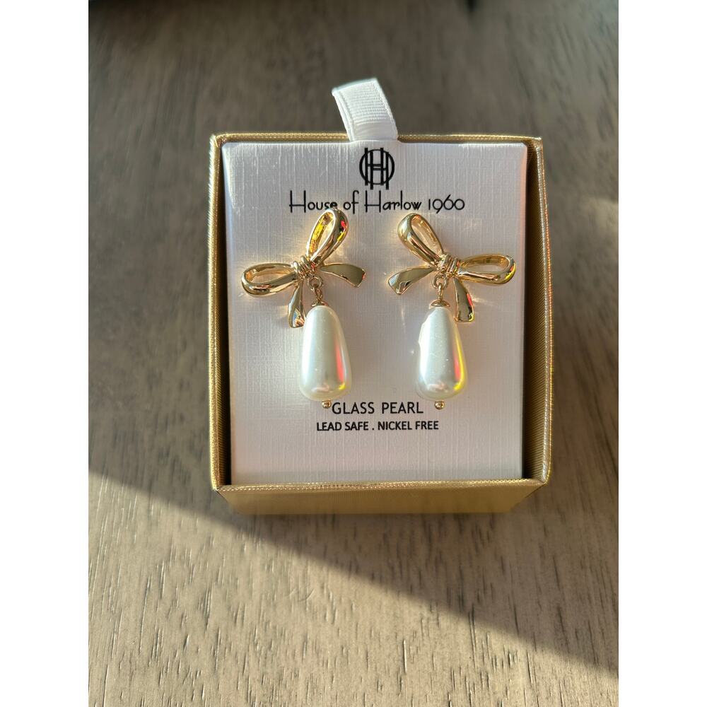 House of Harlow 1960 Bow Glass Pearl Drop Earrings - New in Box